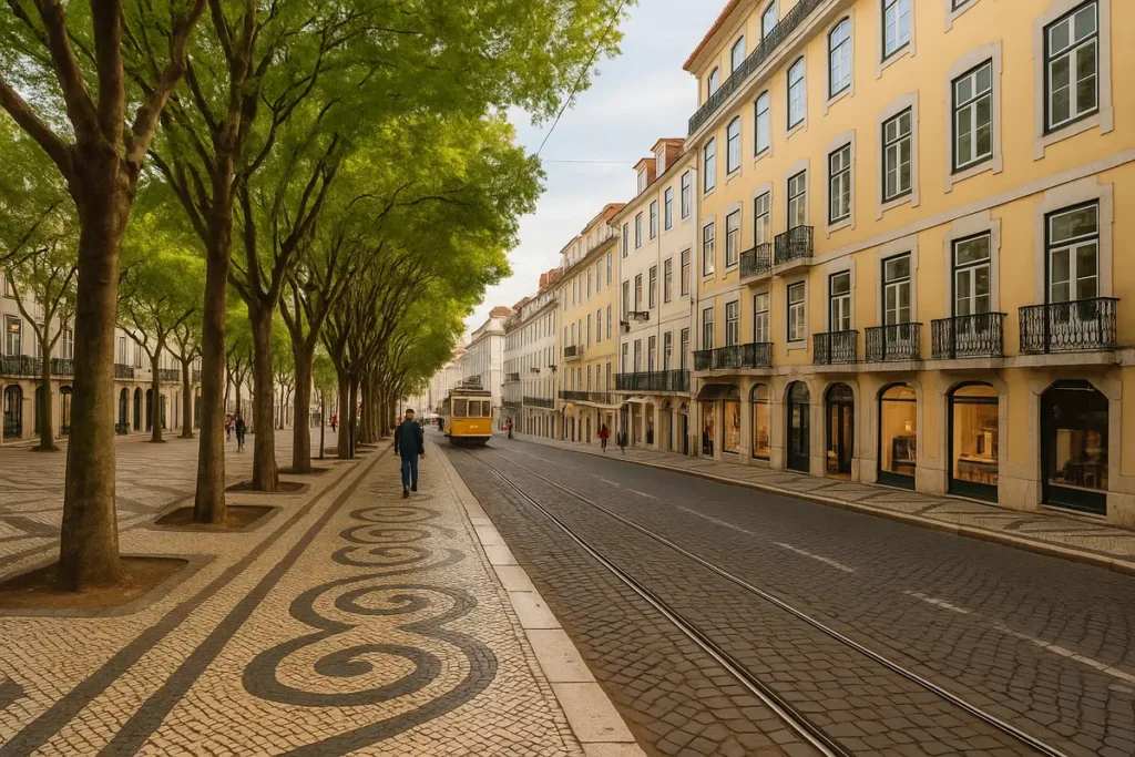 Tree-lined street with tram tracks and cobbled sidewalks in Porto, Portugal