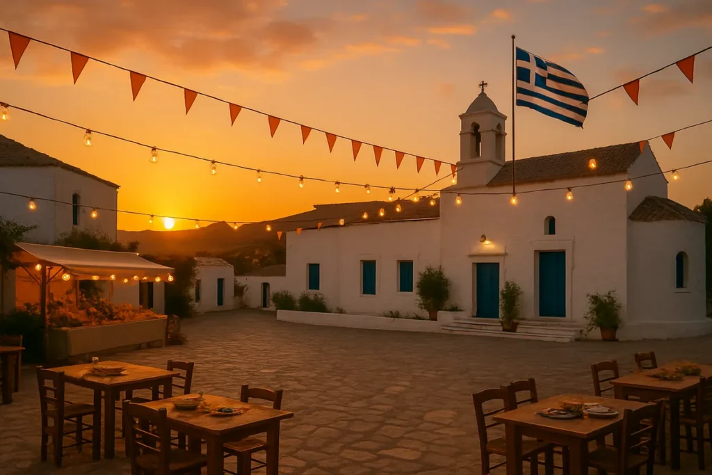 Traditional Greek village at sunset with festival decorations and mountain backdrop