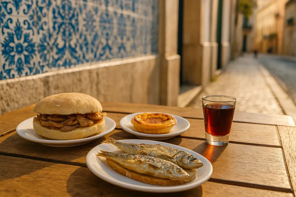 Traditional Portuguese street food with bifana sandwich, pastel de nata, grilled sardines, and a glass of ginjinha in Lisbo