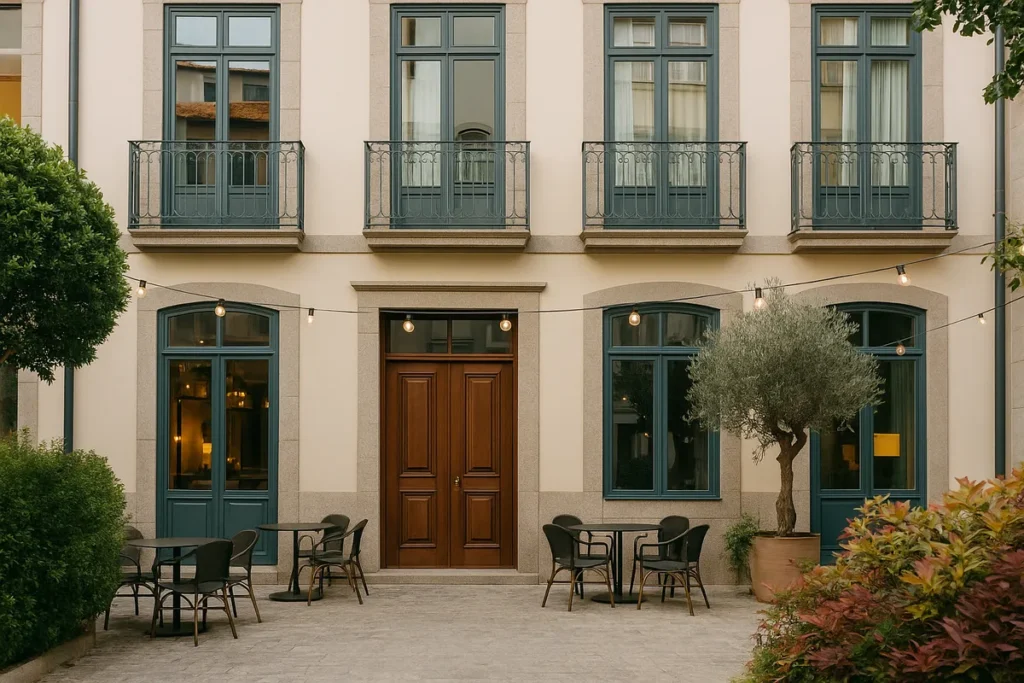 Traditional Portuguese boutique hotel exterior in Porto with balconies and tiled façade