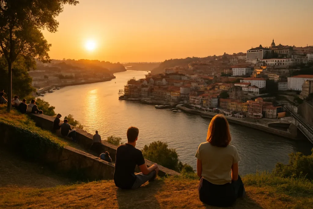 Panoramic sunset view over Porto from Jardim das Virtudes, with the Douro River and red rooftops glowing in golden light