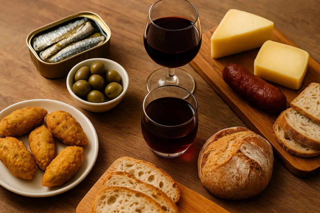 Portuguese petiscos and snacks arranged on a rustic table in Porto
