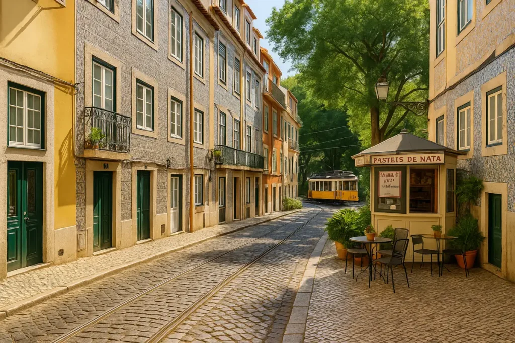 A sunset view over Lisbon’s rooftops and tiled buildings from a quiet, elevated neighborhood