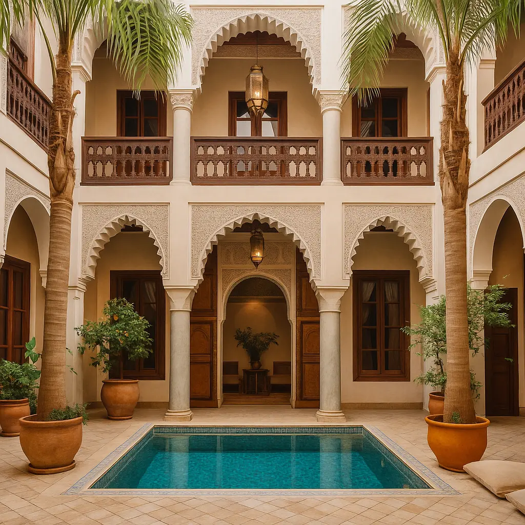 A serene courtyard in a traditional Marrakech riad featuring a turquoise tiled pool, potted palms, and arched architecture