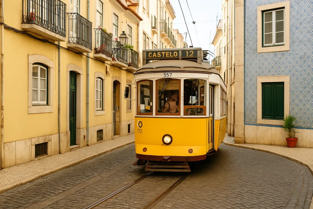 A yellow Lisbon tram passing through a traditional neighborhood with tiled buildings and cobbled streets