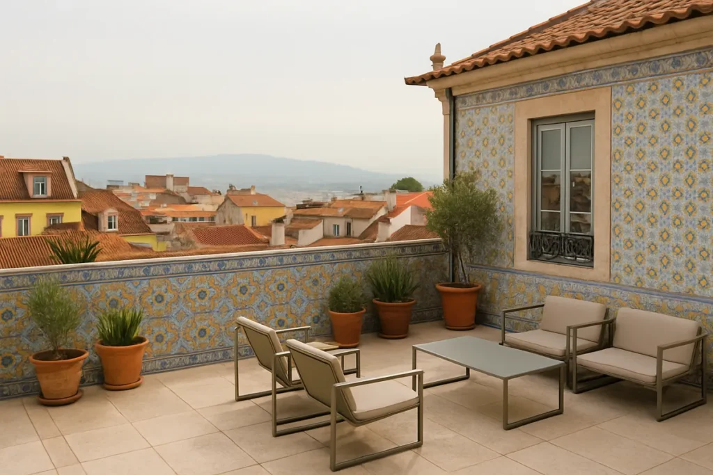 A rooftop terrace in Lisbon with views over the city’s tiled rooftops and a cozy outdoor seating area