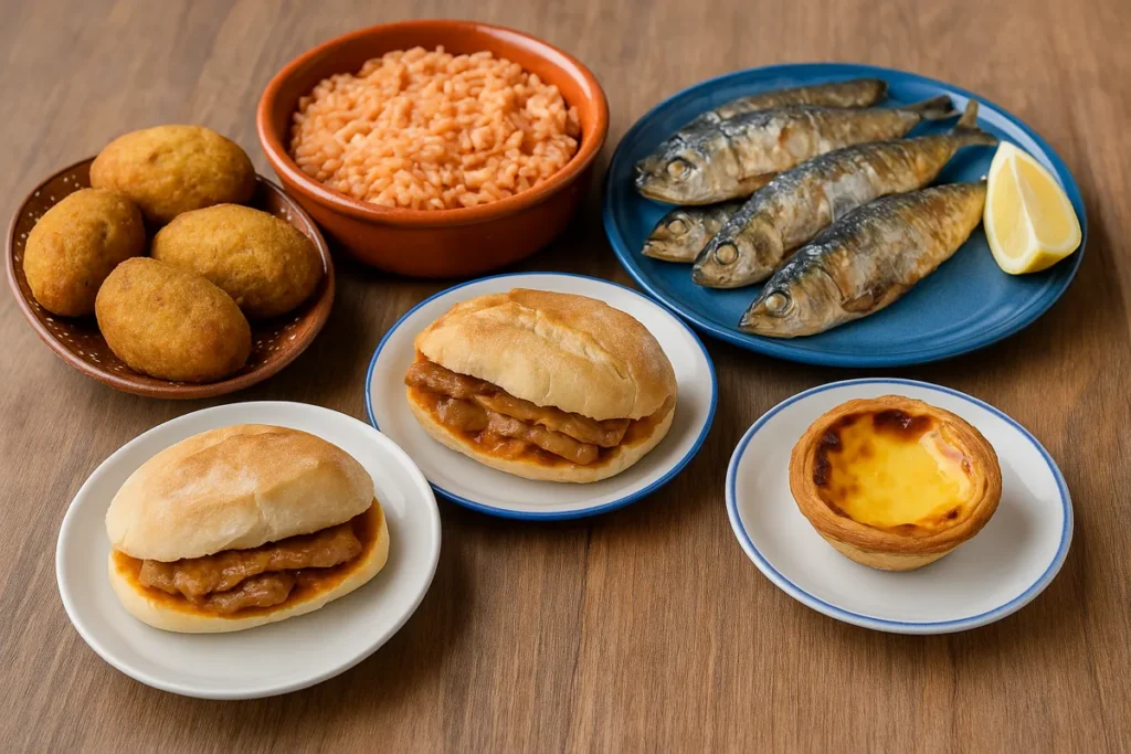 Traditional Portuguese dishes including bifana sandwiches, grilled sardines, pastel de nata, and octopus salad on a rustic table