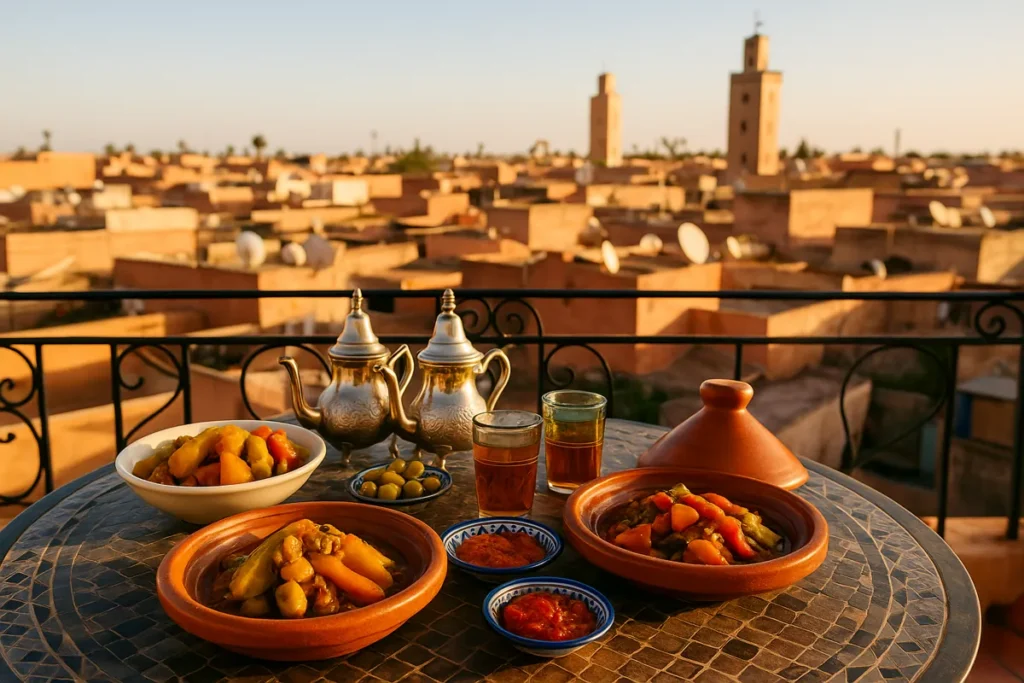 Traditional Moroccan dishes including tagine, grilled vegetables, and flatbread displayed at an outdoor food market in Marrakech