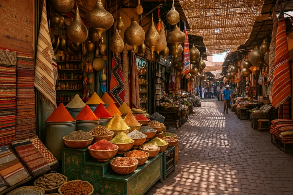 A vibrant Marrakech market scene with stalls selling spices, textiles, and handmade goods under arched walkways
