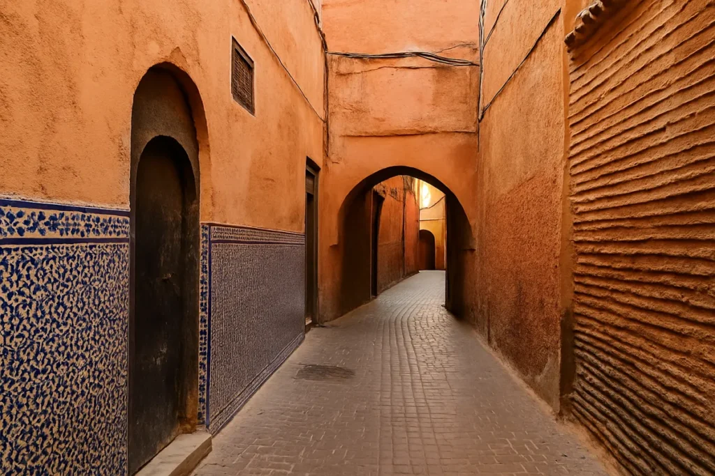 A narrow alleyway in the Marrakech medina with textured walls, warm sunlight, and traditional Moroccan architecture