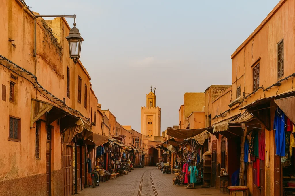 A panoramic rooftop view over the Marrakech medina with terracotta buildings, satellite dishes, and minaret silhouettes